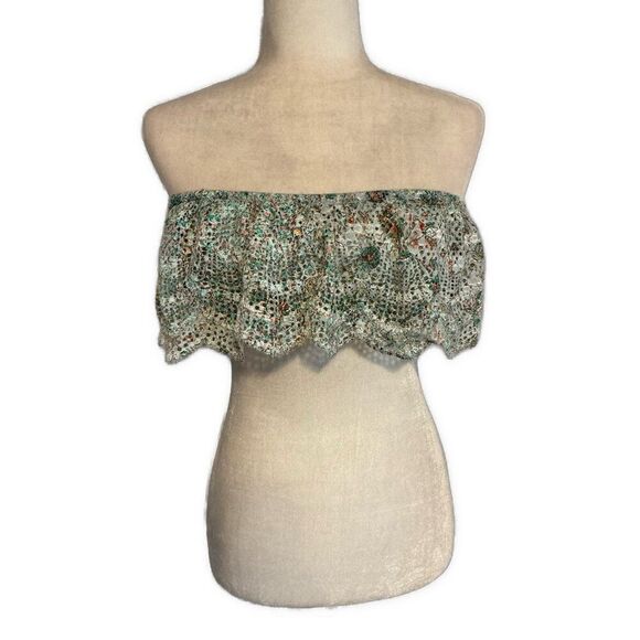 Womens Lace Green Floral Crop Tube Top Strapless Bohemian Small - Picture 1 of 3